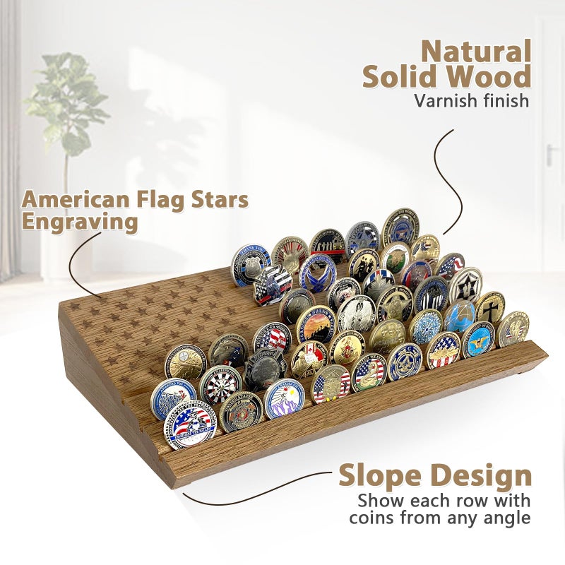 ASmileIndeep ASmilelndeep Challenge Coin Display Case Holder Holds 40 Coins, 6 Rows Solid Wood Military Coin Holder Display Rack with American Flag for Desk Display, Black Olive Finish - Image 3